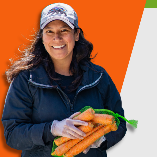 A woman holding carrots next to the text 2022 Top 10 Hunger Fighting Moments