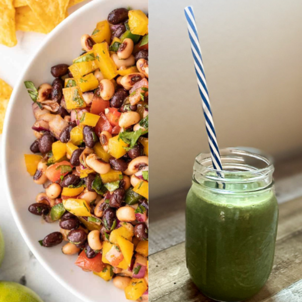 From left to right: Clara making soup, Cowboy Caviar, a green smoothie and zucchini pizza boats.