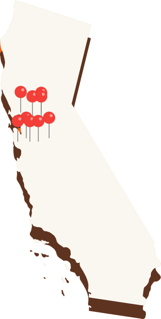 Map of California with pin locations in the greater Bay Area
