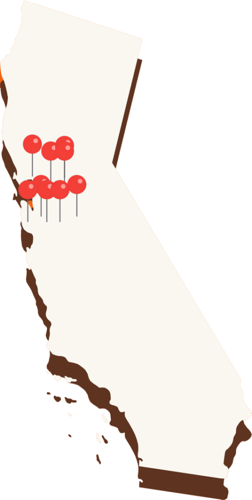 Mapa de California con ubicaciones de pines en el área metropolitana de la bahía