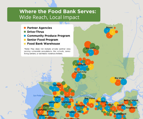 Un mapa de distribuciones de alimentos por parte del Banco de Alimentos y nuestros socios.