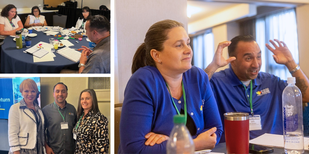 A photo collage of a man and a woman at various conference sessions.