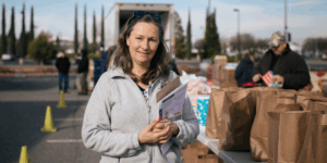 A Food Bank staff member at an emergency distribution.