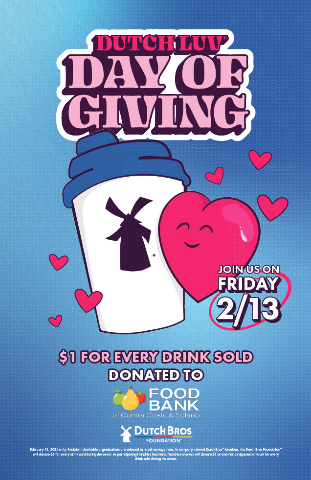 Dutch Luv Day of Giving. Join us on Friday 2/13. $1 for every drink sold donated to the Food Bank.